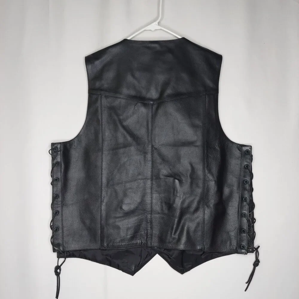 FMC Mens Leather Vest 46 Black Side Laced Grommet Snap Front V-Neck Pockets - Picture 2 of 9